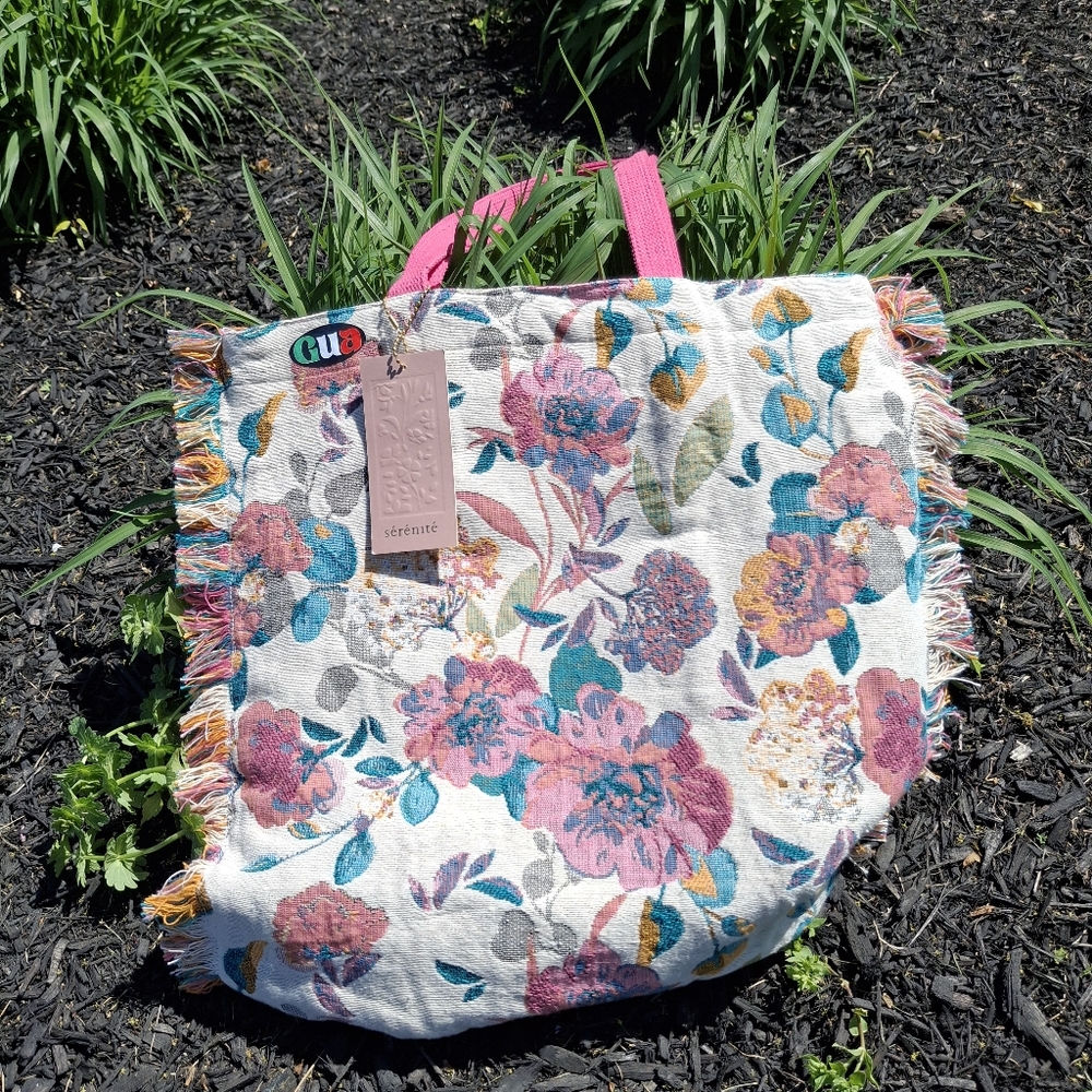 Floral Tote Bag with Pink Handles